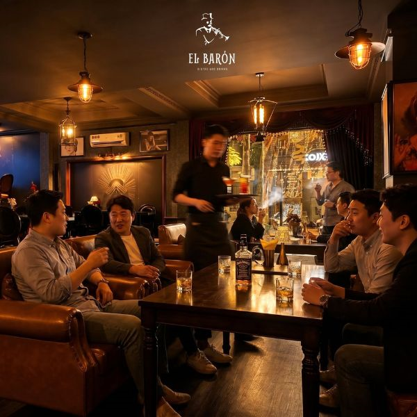 Gentlemen enjoying whiskey and cigars in a private leather booth at El Baron Saigon