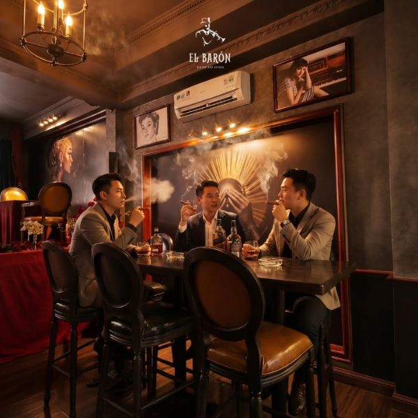 Well-dressed gentlemen enjoying whiskey drinks and smoking cigars together in a private booth at El Baron Phu My Hung